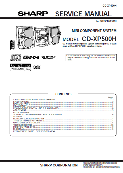 SHARP CD-XP500H SERVICE MANUAL BOOK IN ENGLISH MINI COMPONENT SYSTEM