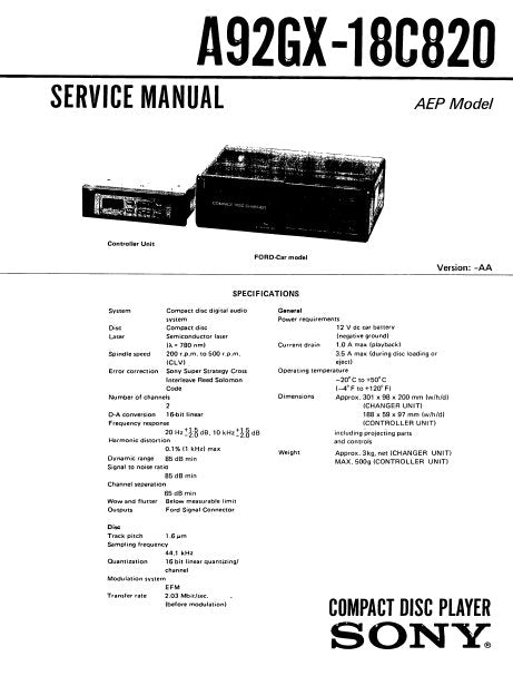 SONY A92GX-18C820 SERVICE MANUAL BOOK IN ENGLISH CD PLAYER