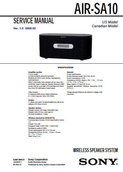 SONY AIR-SA10 SERVICE MANUAL BOOK IN ENGLISH WIRELESS SPEAKER SYSTEM