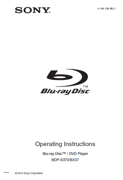 SONY BDP-BX37 BDP-S370 OPERATING INSTRUCTIONS BOOK IN ENGLISH BLU-RAY DISC DVD PLAYER