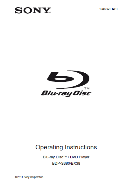 SONY BDP-BX38 BDP-S380 OPERATING INSTRUCTIONS BOOK IN ENGLISH BLU-RAY DISC DVD PLAYER