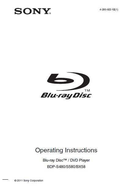 SONY BDP-BX58 BDP-S480 BDP-S580 OPERATING INSTRUCTIONS BOOK IN ENGLISH BLU-RAY DISC DVD PLAYER