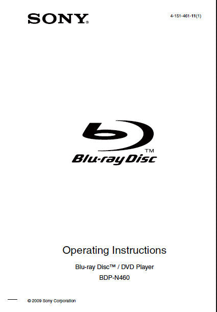 SONY BDP-N460 OPERATING INSTRUCTIONS BOOK IN ENGLISH BLU-RAY DISC DVD PLAYER