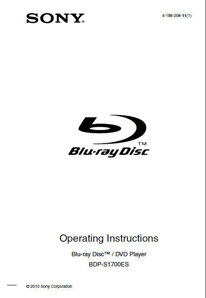 SONY BDP-S1700ES OPERATING INSTRUCTIONS BLU-RAY DISC DVD PLAYER