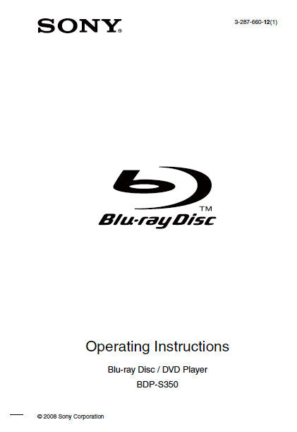 SONY BDP-S350 OPERATING INSTRUCTIONS BOOK IN ENGLISH BLU-RAY DISC DVD PLAYER