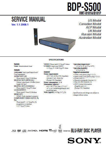 SONY BDP-S500 SERVICE MANUAL BOOK IN ENGLISH BLU-RAY DISC PLAYER