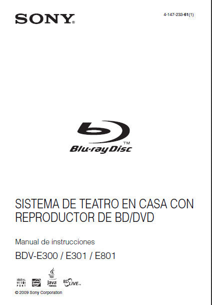 SONY BDV-E300 BDV-E301 BDV-E801 MANUAL DE INSTRUCCIONES ESPANOL SISTEMA DE TEATRO SYSTEM EN CASA CON REPRODUCTOR DE BD DVD