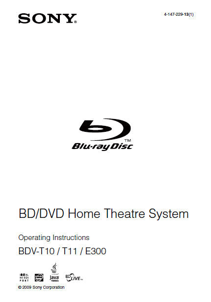 SONY BDV-E300 BDV-T10 BDV-T11 OPERATING INSTRUCTIONS BD DVD HOME THEATRE SYSTEM