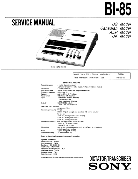 SONY BI-85 SERVICE MANUAL BOOK IN ENGLISH DICTATOR TRANSCRIBER