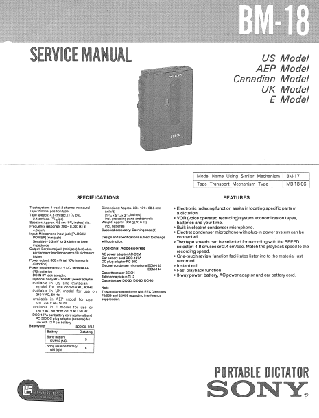 SONY BM-18 SERVICE MANUAL BOOK IN ENGLISH PORTABLE DICTATOR