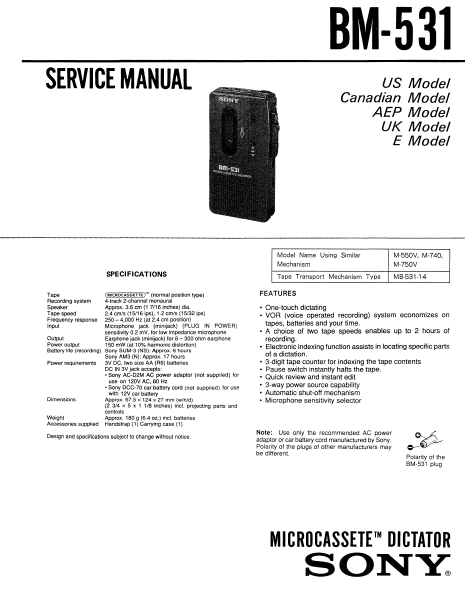 SONY BM-531 SERVICE MANUAL BOOK IN ENGLISH MICROCASSETTE DICTATOR