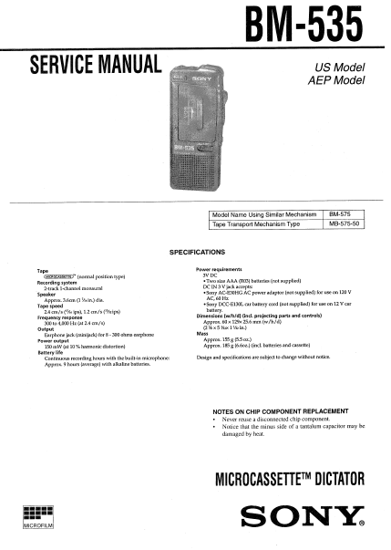 SONY BM-535 SERVICE MANUAL BOOK IN ENGLISH MICROCASSETTE DICTATOR