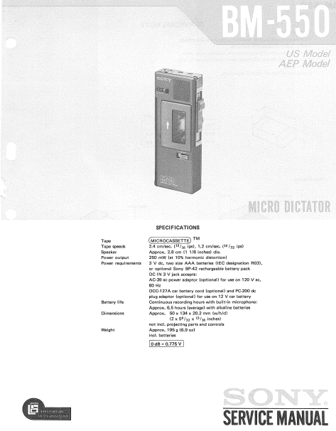 SONY BM-550 SERVICE MANUAL BOOK IN ENGLISH MICRO DICTATOR