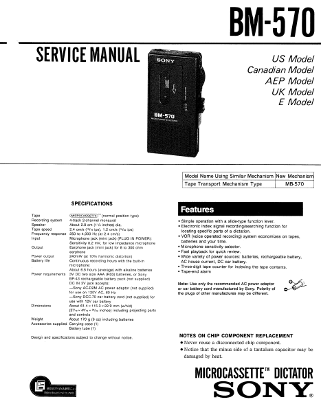 SONY BM-570 SERVICE MANUAL BOOK IN ENGLISH MICROCASSETTE DICTATOR