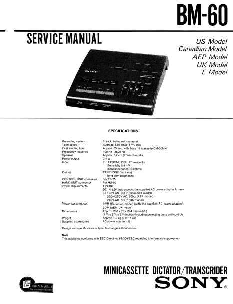 SONY BM-60 SERVICE MANUAL BOOK IN ENGLISH MINICASSETTE DICTATOR TRANSCRIBER