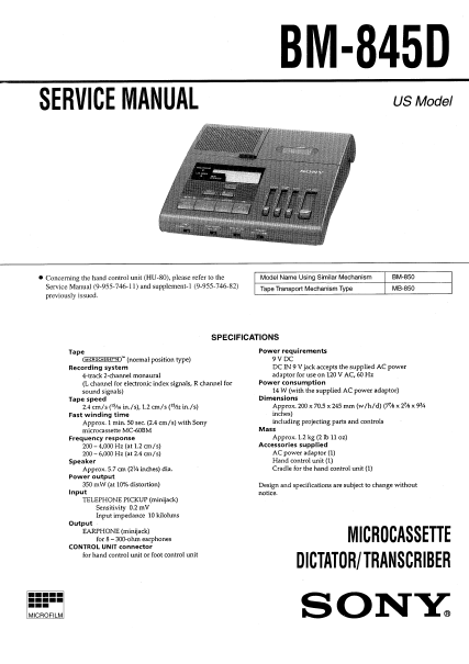 SONY BM-845D SERVICE MANUAL BOOK IN ENGLISH MICROCASSETTE DICTATOR TRANSCRIBER
