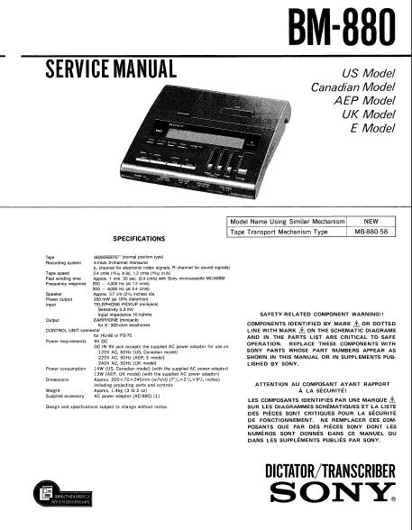 SONY BM-880 SERVICE MANUAL BOOK IN ENGLISH DICTATOR TRANSCRIBER