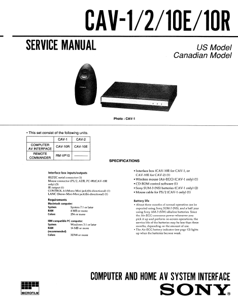 SONY CAV-1 CAV-2 CAV-10E CAV-10R SERVICE MANUAL BOOK IN ENGLISH COMPUTER AND HOME AV SYSTEM INTERFACE