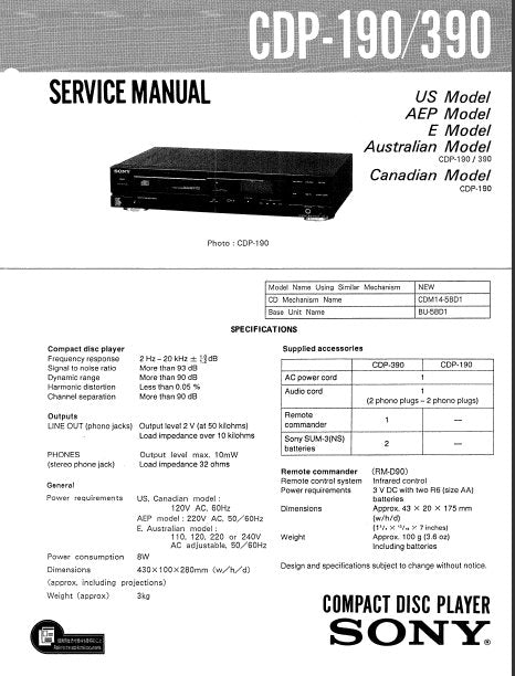 SONY CDP-190 CDP-390 SERVICE MANUAL BOOK IN ENGLISH CD PLAYER