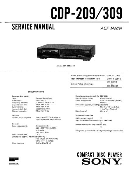 SONY CDP-209 CDP-309 SERVICE MANUAL BOOK IN ENGLISH CD PLAYER