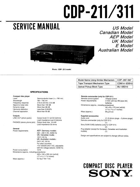 SONY CDP-211 CDP-311 SERVICE MANUAL BOOK IN ENGLISH CD PLAYER