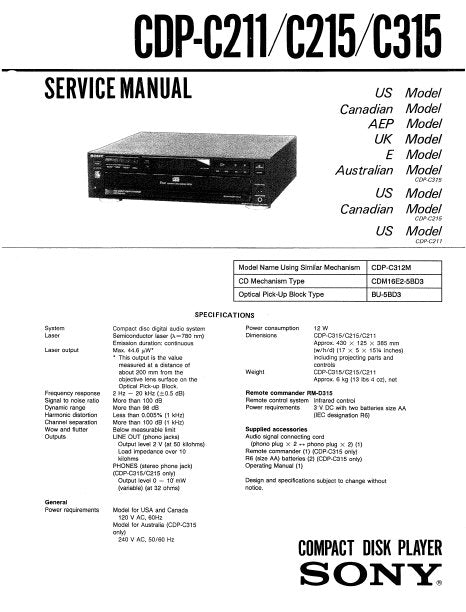 SONY CDP-C211 CDP-C215 CDP-C315 SERVICE MANUAL BOOK IN ENGLISH CD PLAYER
