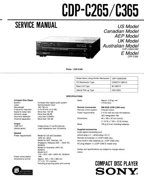 SONY CDP-C265 CDP-C365 SERVICE MANUAL BOOK IN ENGLISH CD PLAYER