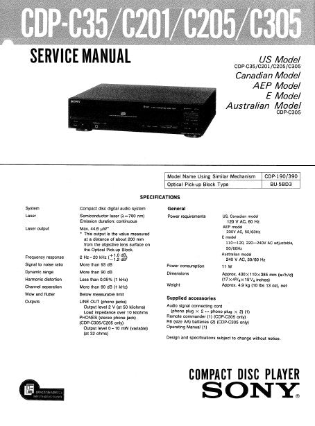 SONY CDP-C35 CDP-C201 CDP-C205 CDP-C305 SERVICE MANUAL BOOK IN ENGLISH CD PLAYER