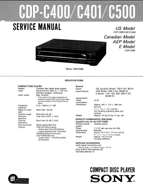 SONY CDP-C400 CDP-C401 CDP-C500 SERVICE MANUAL BOOK IN ENGLISH CD PLAYER