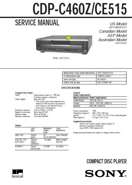 SONY CDP-C460Z CDP-CE515 SERVICE MANUAL BOOK IN ENGLISH CD PLAYER