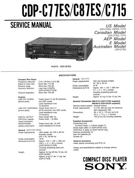 SONY CDP-C77ES CDP-C87ES CDP-C715 SERVICE MANUAL BOOK IN ENGLISH CD PLAYER