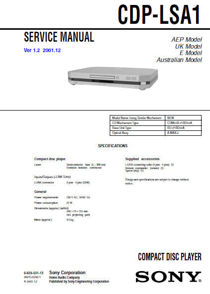 SONY CDP-LSA1 SERVICE MANUAL BOOK IN ENGLISH CD PLAYER