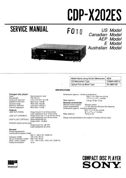 SONY CDP-X202ES SERVICE MANUAL BOOK IN ENGLISH CD PLAYER