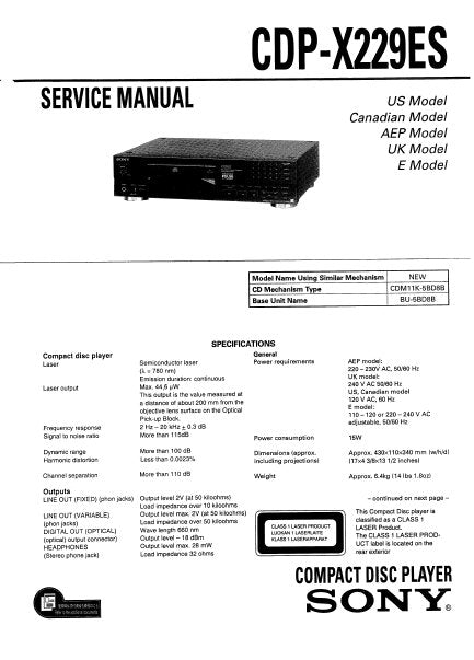 SONY CDP-X229ES SERVICE MANUAL BOOK IN ENGLISH CD PLAYER