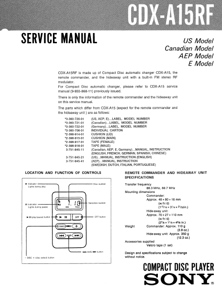 SONY CDX-A15RF SERVICE MANUAL BOOK IN ENGLISH CD PLAYER