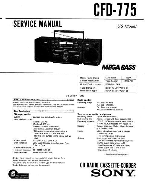 SONY CFD-775 SERVICE MANUAL BOOK IN ENGLISH CD RADIO CASSETTE CORDER