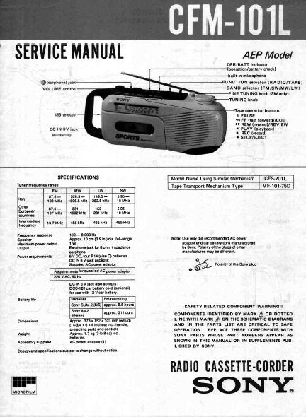SONY CFM-101L SERVICE MANUAL BOOK IN ENGLISH RADIO CASSETTE CORDER