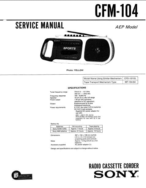 SONY CFM-104 SERVICE MANUAL BOOK IN ENGLISH RADIO CASSETTE CORDER