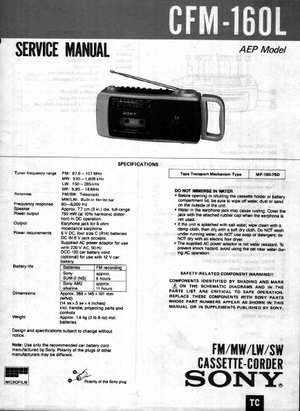 SONY CFM-160L SERVICE MANUAL BOOK IN ENGLISH FM MW LW SW CASSETTE CORDER