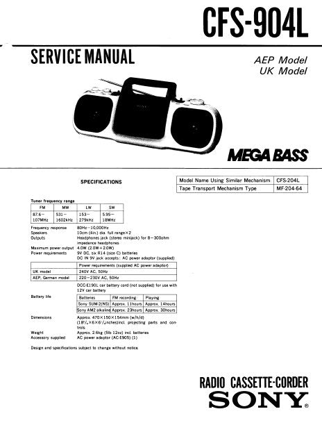 SONY CFS-904L SERVICE MANUAL BOOK IN ENGLISH RADIO CASSETTE CORDER