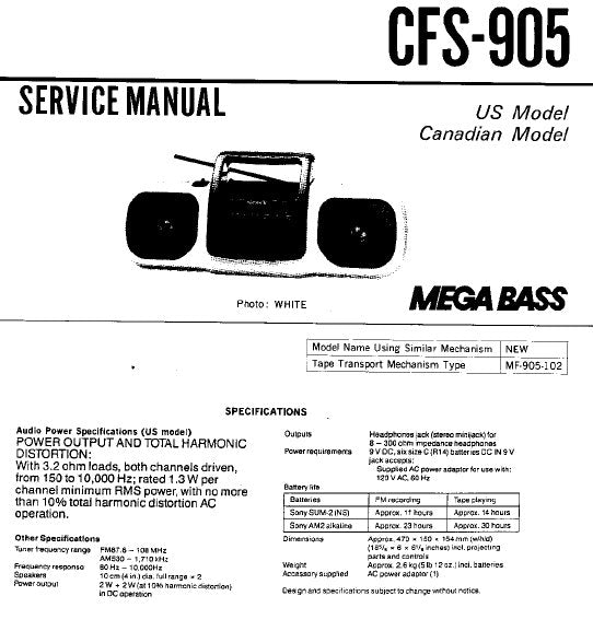 SONY CFS-905 SERVICE MANUAL BOOK IN ENGLISH PORTABLE MEGA BASS