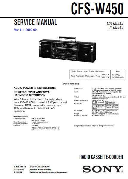 SONY CFS-W450 SERVICE MANUAL BOOK IN ENGLISH RADIO CASSETTE-CORDER