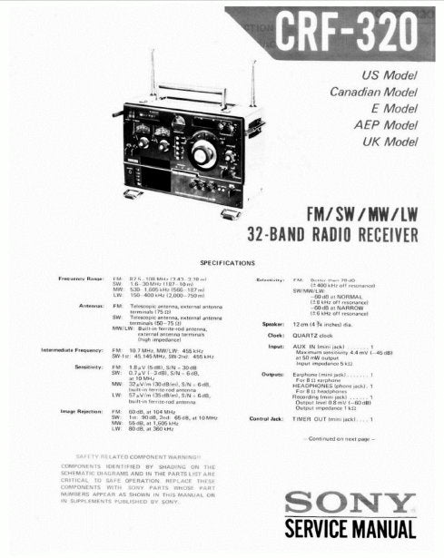 SONY CRF-320 SERVICE MANUAL BOOK IN ENGLISH FM SW MW LW 32 BAND RADIO RECEIVER