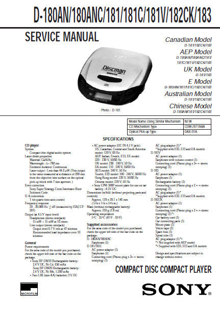 SONY D-180AN D-180ANC D-181 D-181C D-181V D-182CK D-183 SERVICE MANUAL BOOK IN ENGLISH CD COMPACT PLAYER