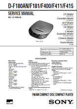 Load image into Gallery viewer, SONY D-F180AN D-F181 D-F400 D-F411 D-F415 SERVICE MANUAL BOOK IN ENGLISH FM AM CD COMPACT PLAYER
