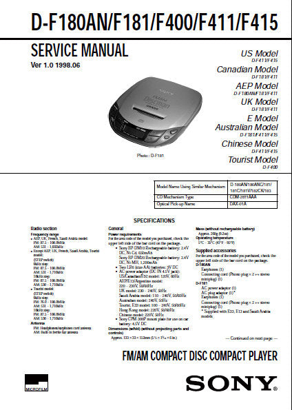SONY D-F180AN D-F181 D-F400 D-F411 D-F415 SERVICE MANUAL BOOK IN ENGLISH FM AM CD COMPACT PLAYER