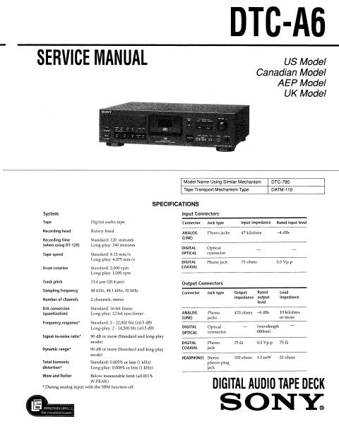 SONY DTC-A6 SERVICE MANUAL BOOK IN ENGLISH DIGITAL AUDIO TAPE DECK