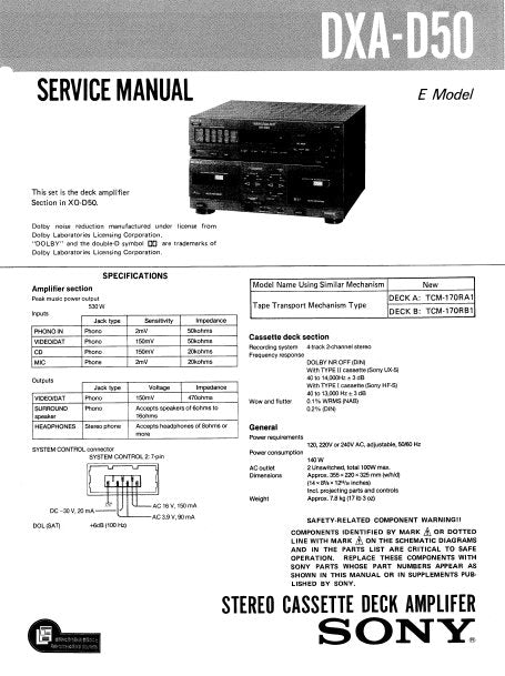 SONY DXA-D50 SERVICE MANUAL BOOK IN ENGLISH STEREO CASSETTE DECK AMPLIFIER
