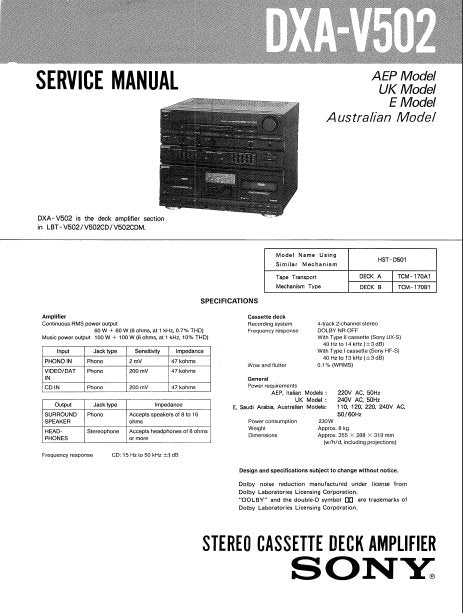 SONY DXA-V502 SERVICE MANUAL BOOK IN ENGLISH STEREO CASSETTE DECK AMPLIFIER