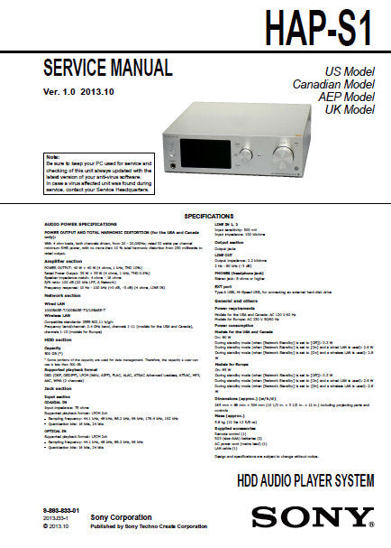 SONY HAP-S1 SERVICE MANUAL BOOK IN ENGLISH HDD AUDIO PLAYER SYSTEM